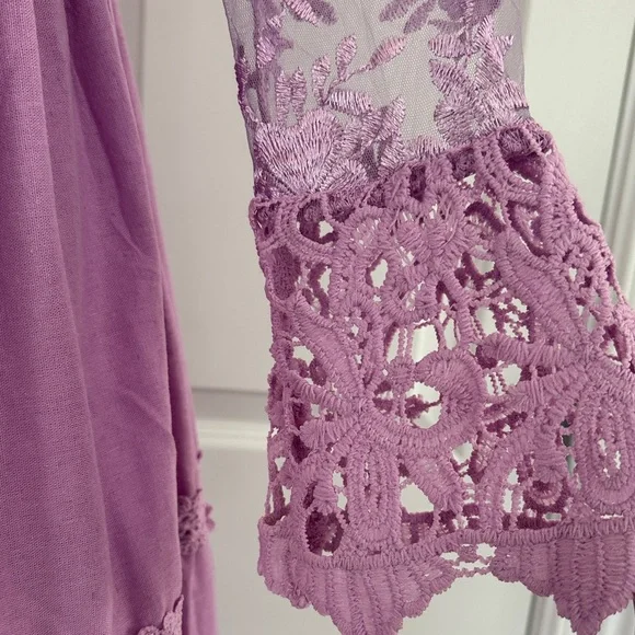 Boho Chic Lavender Lace V-Neck Bell Sleeve Cottagecore Tiered Maxi Dress Size S - Picture 6 of 14
